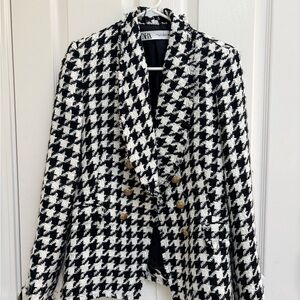 Zara Monochrome Houndstooth Frayed Blazer size Medium
